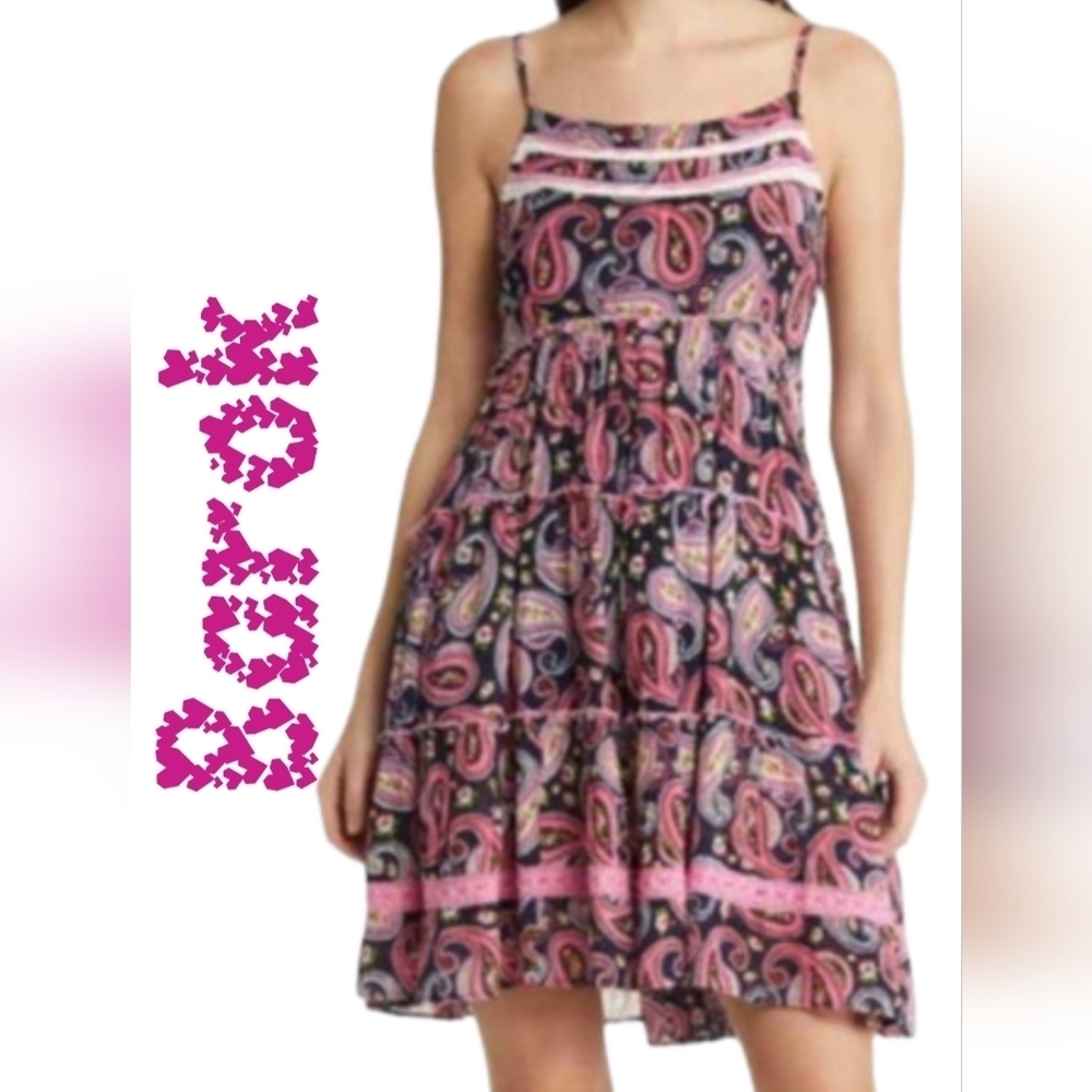 Barok Paris Womens Paisley Tank Mini Dress Sz M Lace Inlay Adjustable Straps